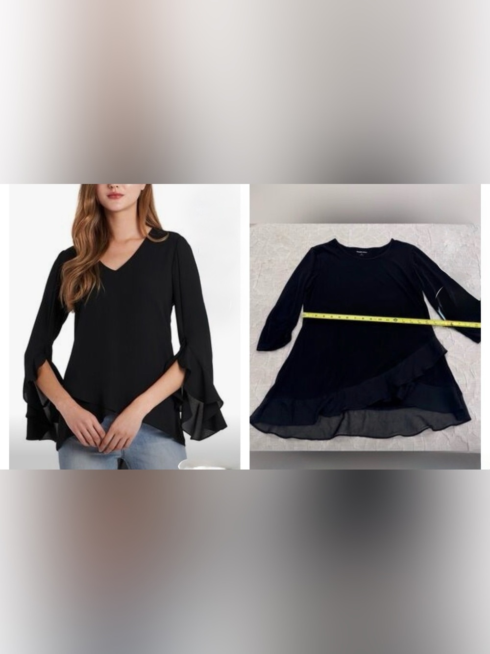 TWO Black Long-Sleeve Ruffle Tunics. TAG READS SMALL FITS LIKE A LARGE.